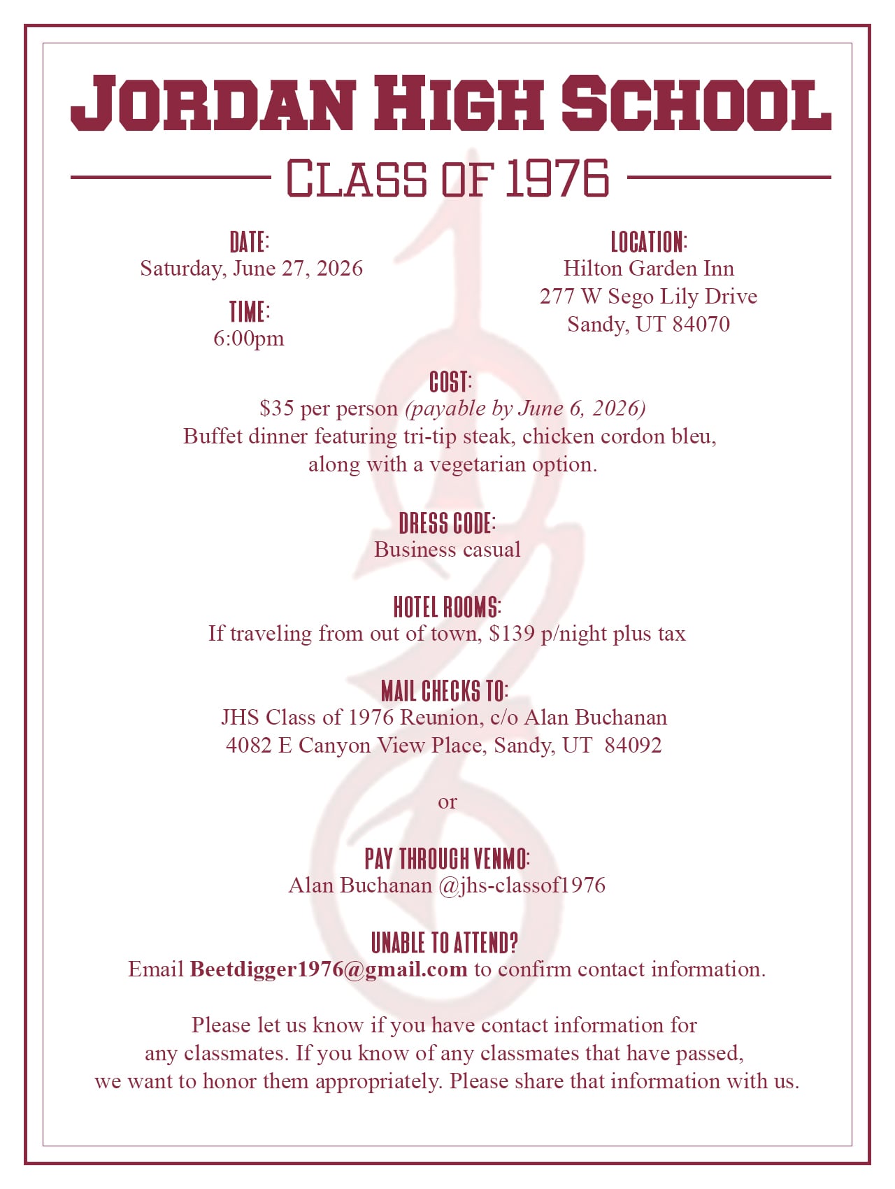 Jordan High Class of 1976: 50-Year Reunion flyer